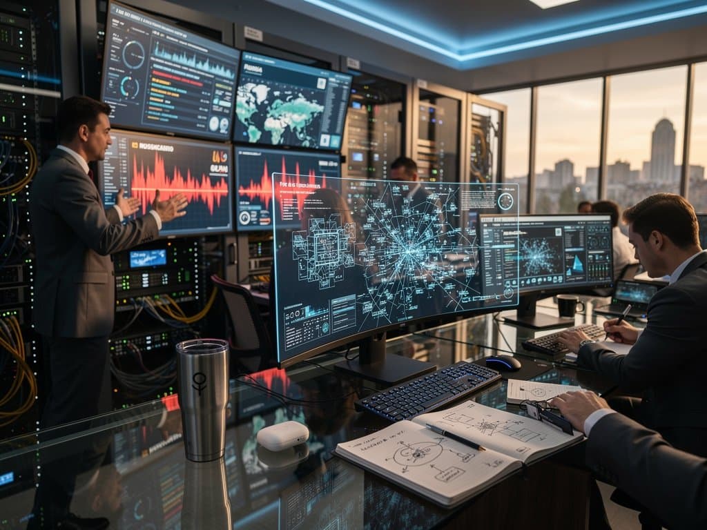 Cybersecurity engineers monitor Russia AI cyber attack threat alerts on multi-monitor setups in a high-tech operations center with glowing displays and collaborative desks