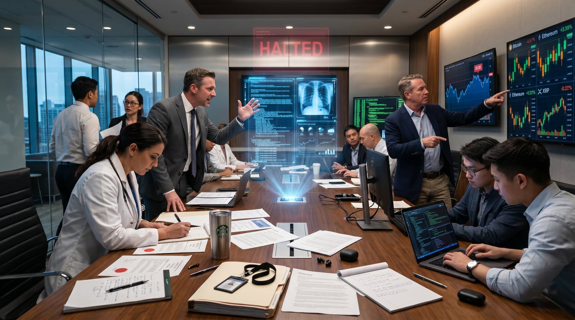 Hospital boardroom with halted AI diagnostic hologram, regulatory docs, and Fear & Greed financial charts