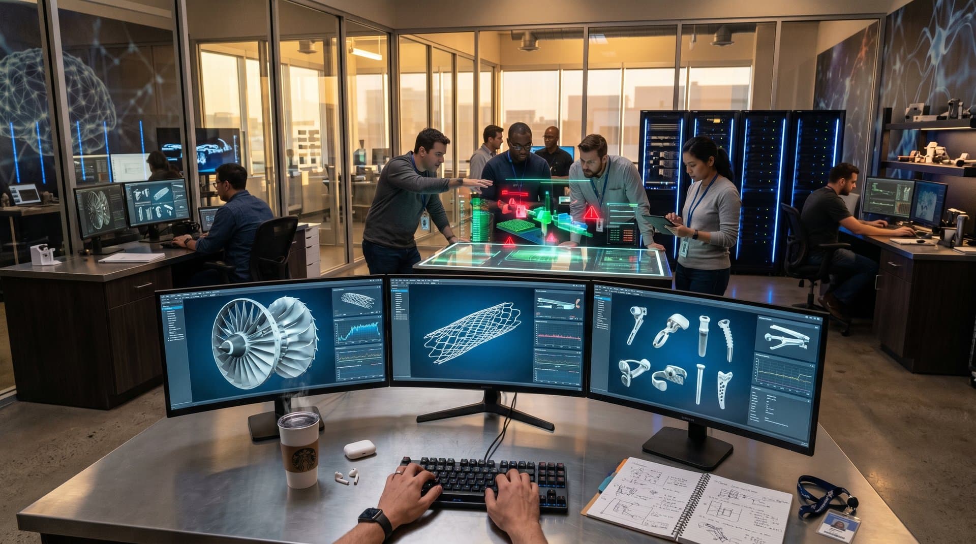 Engineers analyze AI-driven digital twins of aerospace and medtech parts on multi-monitors in a bustling high-tech lab with glass walls and collaborative tables