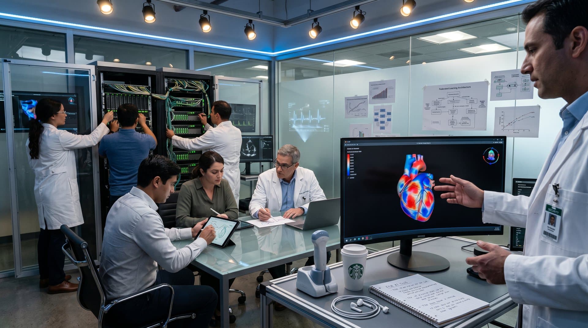 AI heart models and echo scans analyzed on multi-monitor setups in medtech lab
