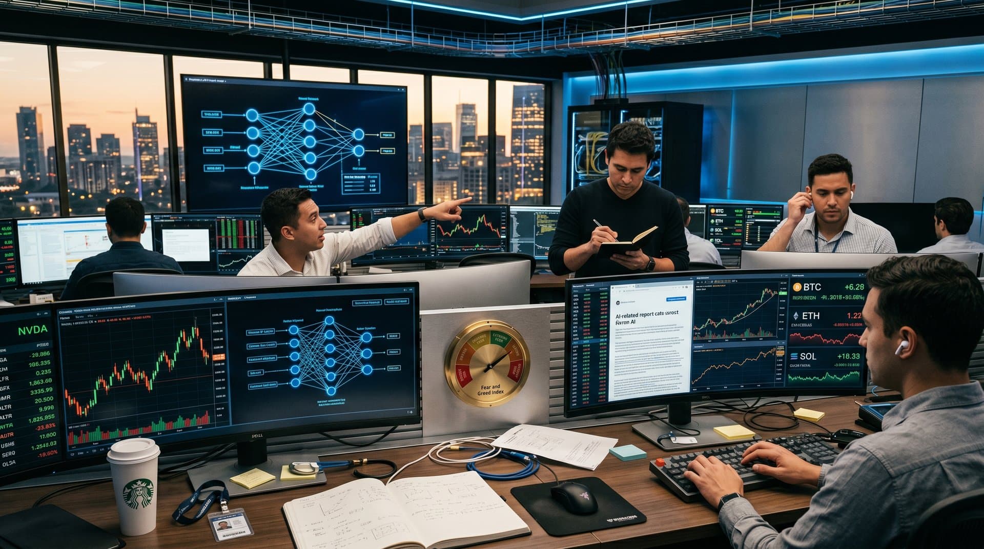 Engineers analyze AI neural networks and benchmarks on multi-monitor setups in a modern Google DeepMind lab with Thames view