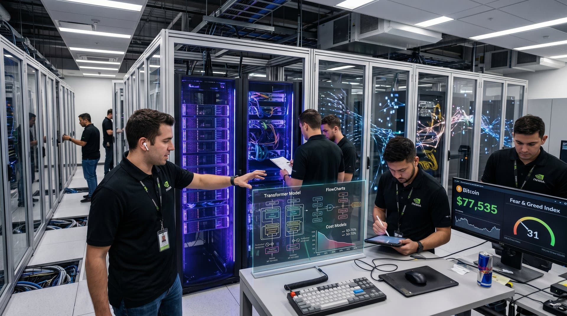 Abstract visualization of AI GPU clusters merging with blockchain networks, BTC price, and compute cost reductions.