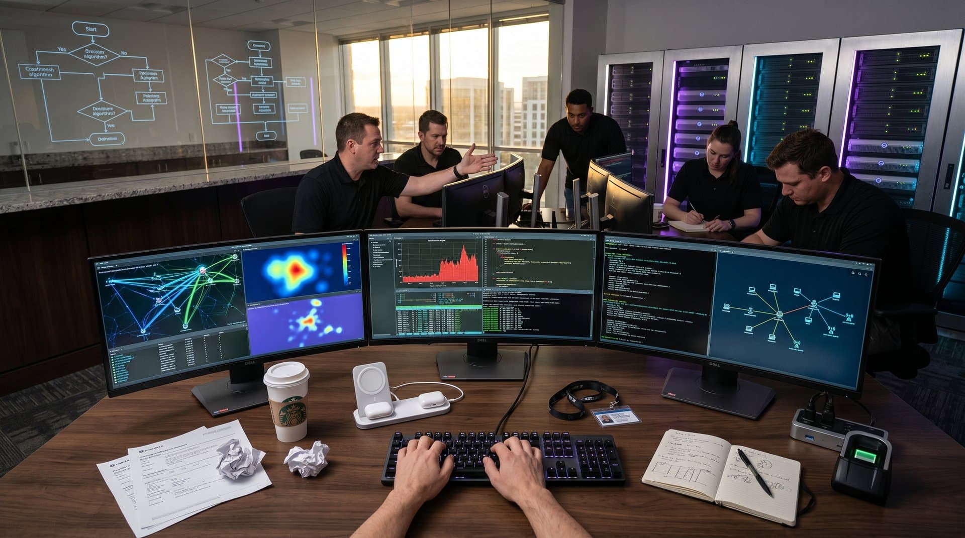 Cybersecurity ops center screens show AI agent workflows, threat maps, and LangChain code amid server racks and holographic projections