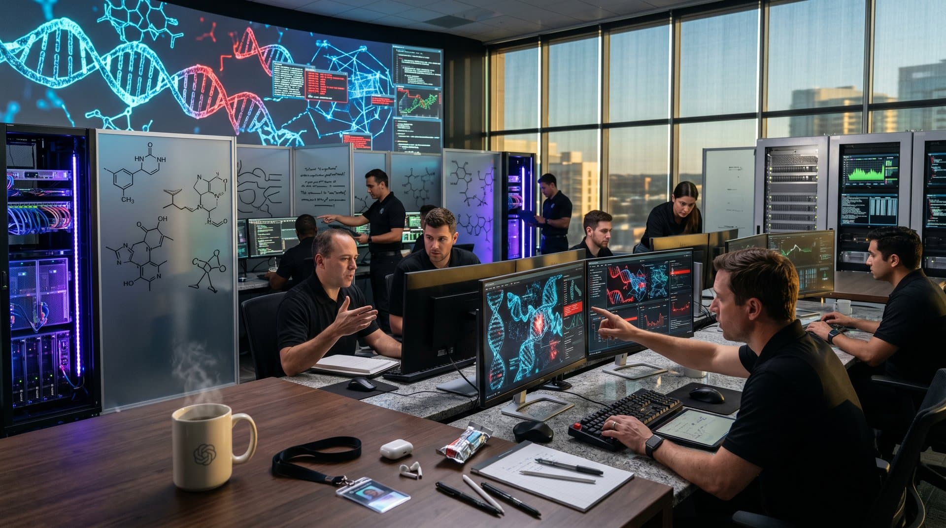 High-tech AI-biotech lab with monitors showing DNA models, neural networks, exploits, glowing servers, and cybersecurity visuals