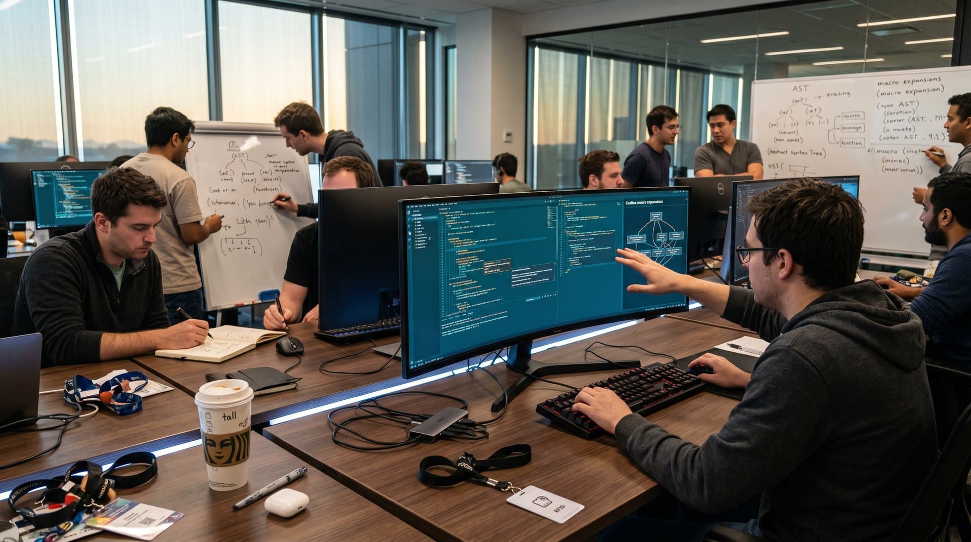 Monitors displaying Lisp IDE code with structural editing, type graphs, and Coalton functions in a modern tech office with desks, keyboards, and whiteboards