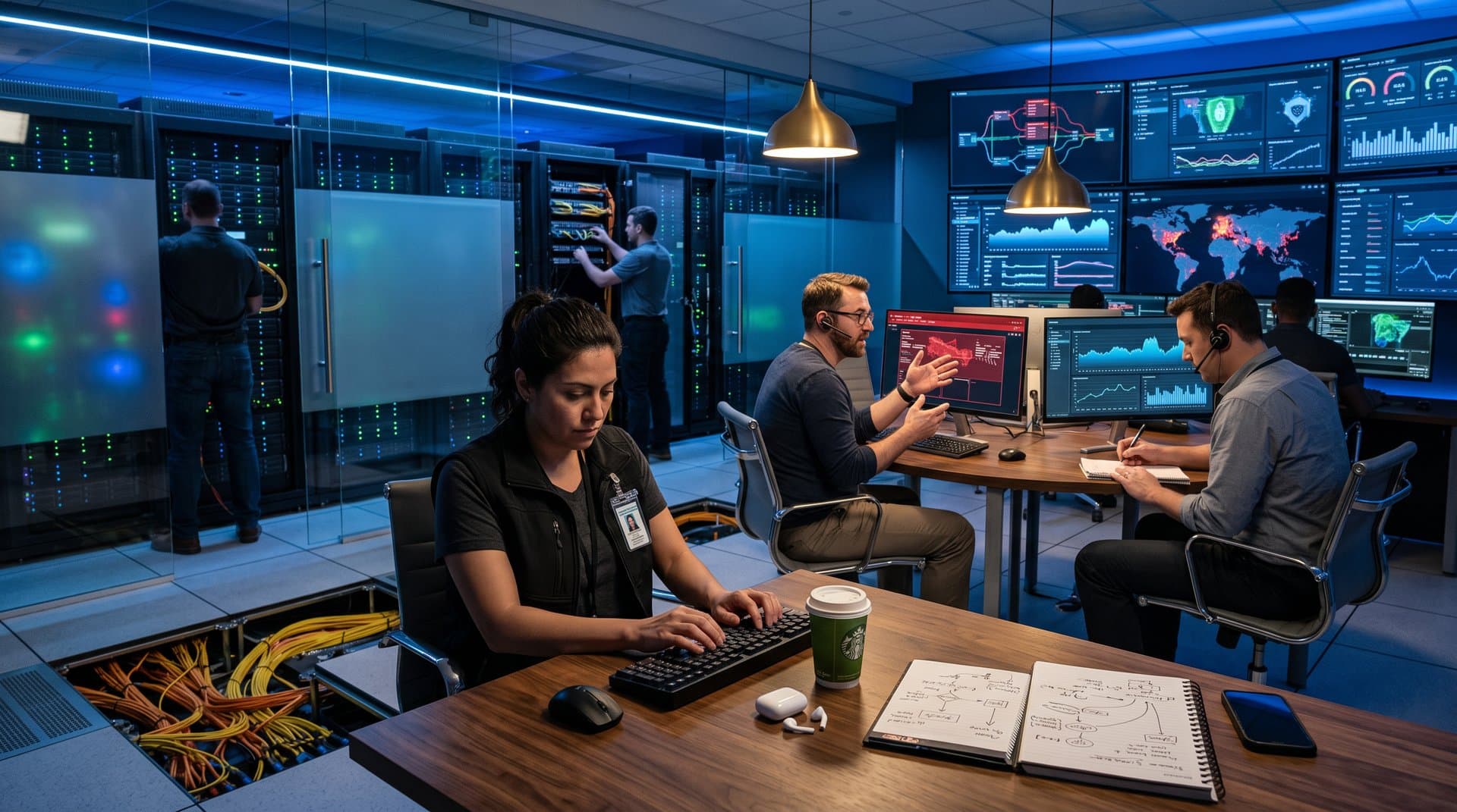 Cybersecurity team in Tier IV data center examines digital ID logs on video walls amid server racks and open floor tiles