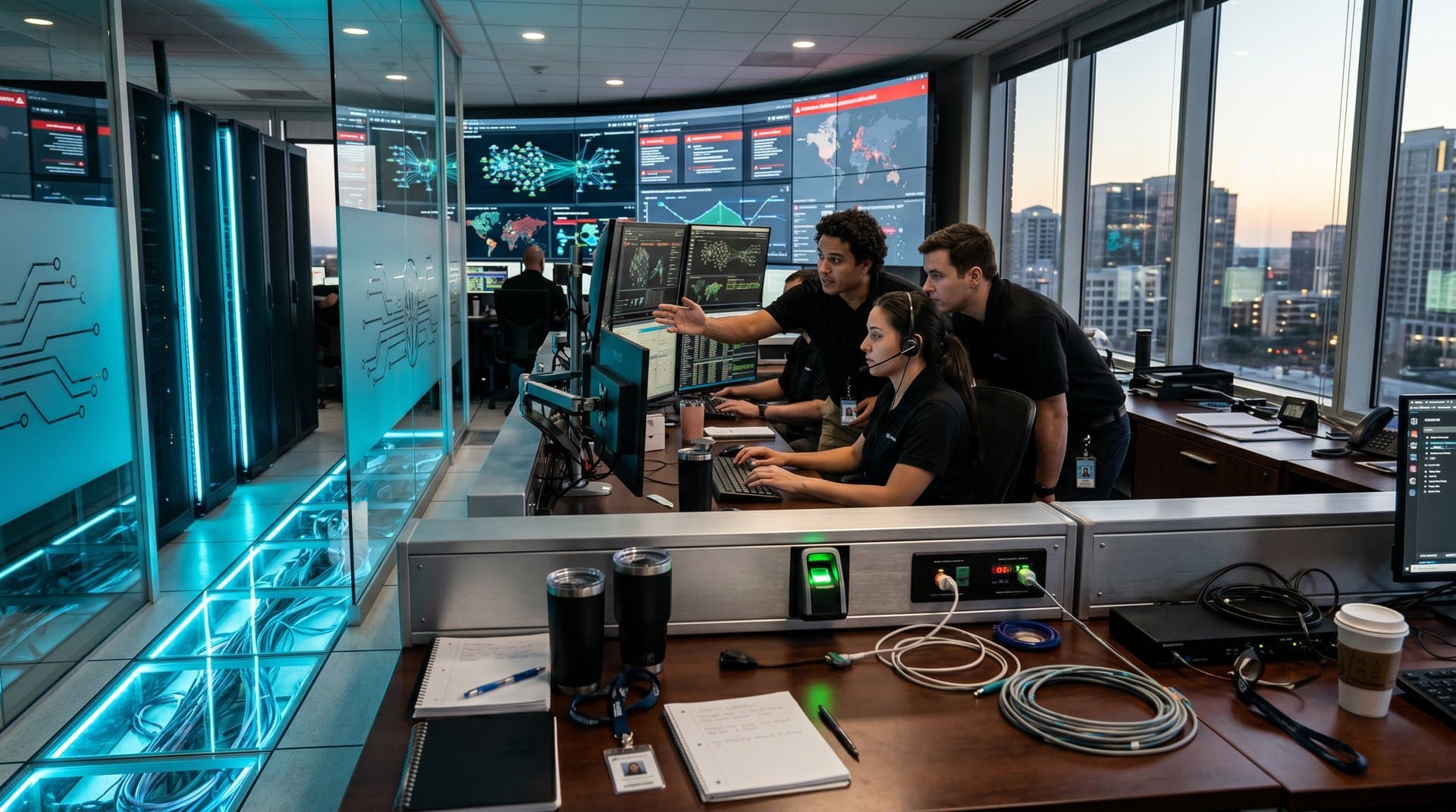 Cybersecurity operations center with glowing server racks, threat maps on video walls, and high-tech monitoring consoles