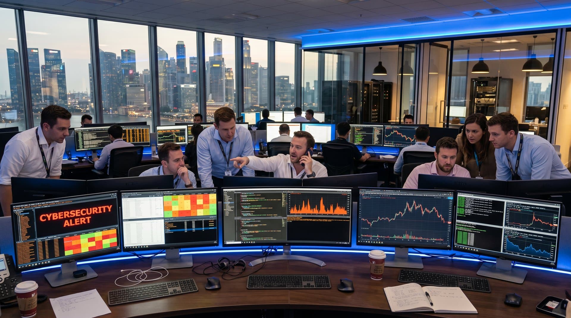Modern trading floor monitors with cyber alerts, crypto charts, and code diffs amid fintech volatility