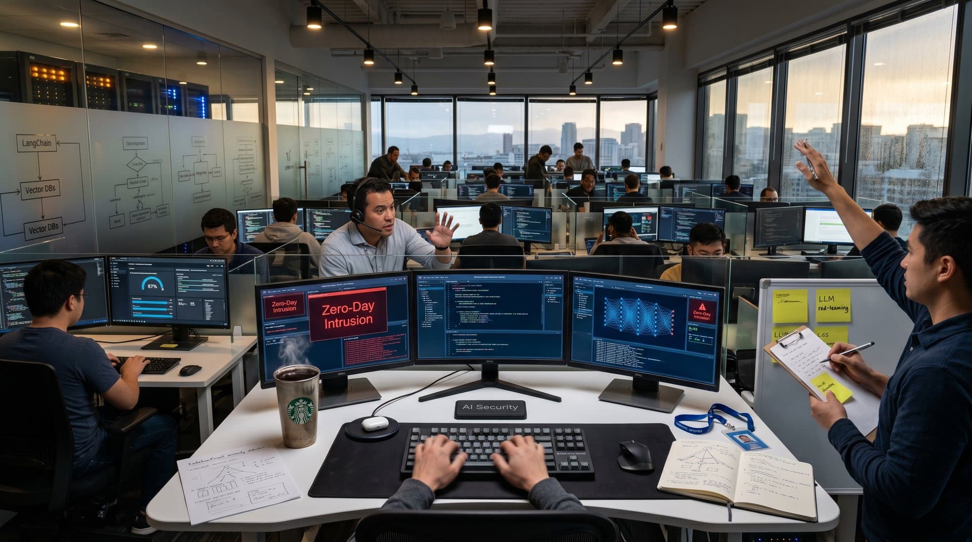 Empty AI startup desks with cybersecurity code screens, anomaly alerts, and 4M shortage hiring signs near servers