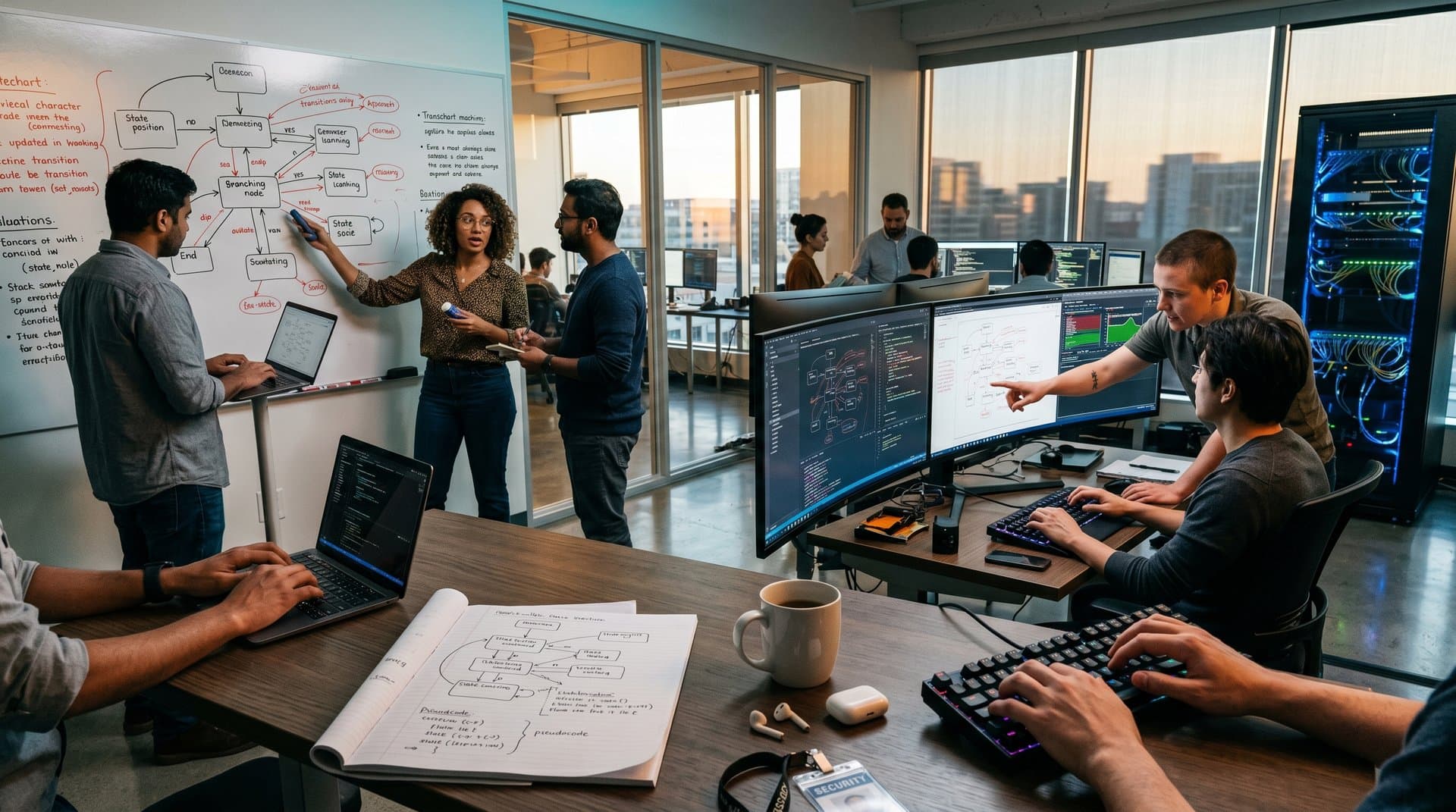 AI lab engineers visualize statecharts and multi-agent systems on monitors and whiteboards in modern collaborative space