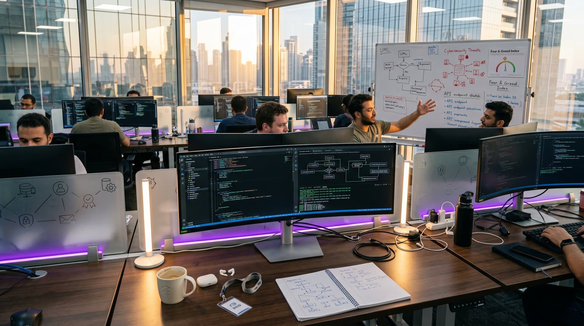 Startup office with monitors displaying AI code revivers like Copilot, whiteboards of diagrams, and city skyline at dusk