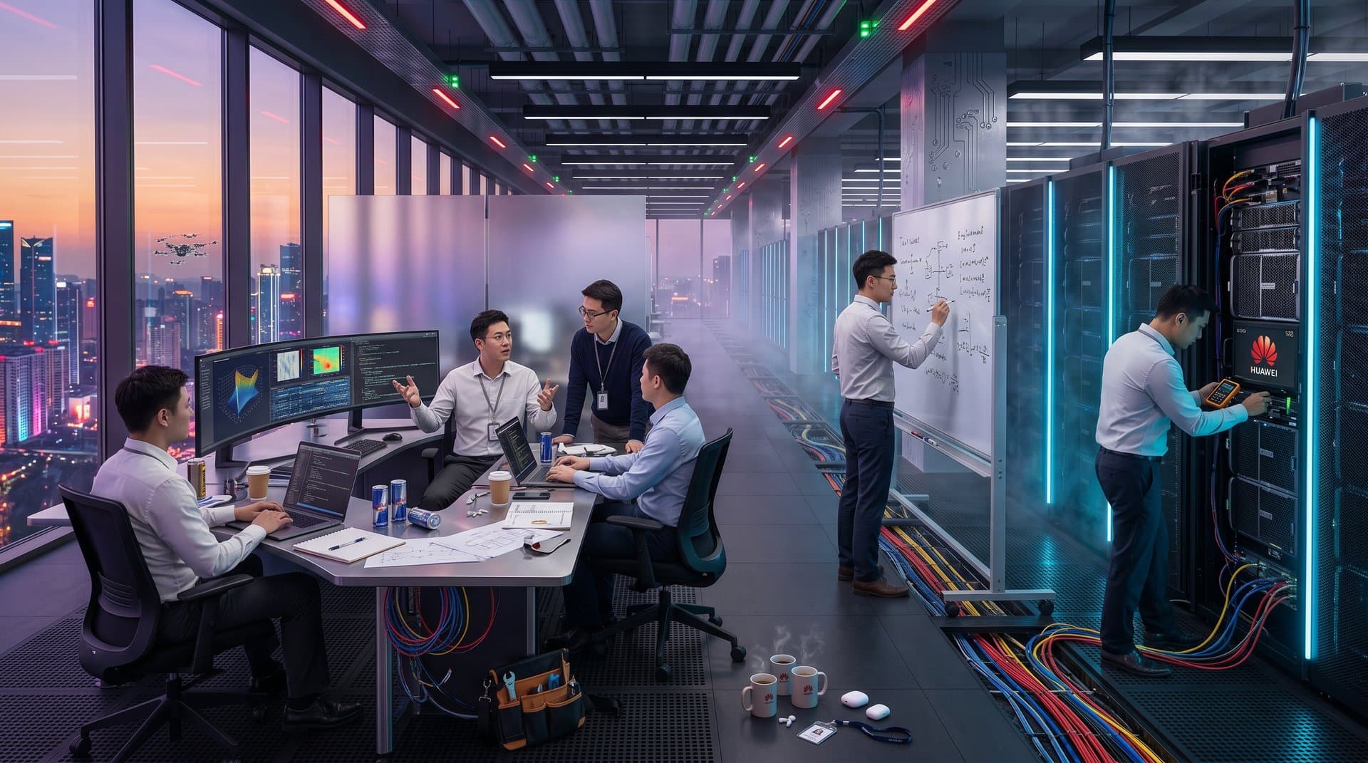 Huawei Ascend AI server racks glow in modern data center with desks showing neural dashboards and fiber cables