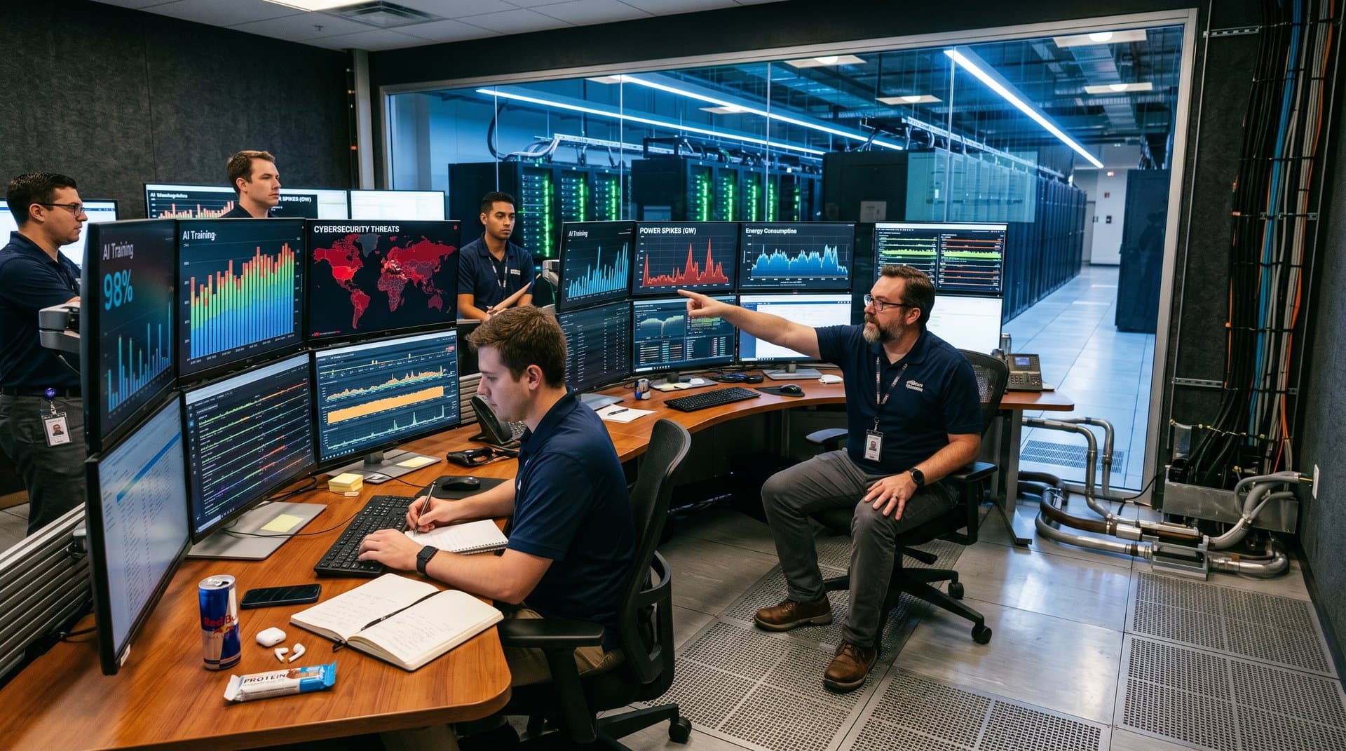Hyperscale data center control room with power graphs, glowing server racks, and cooling systems under LED lights