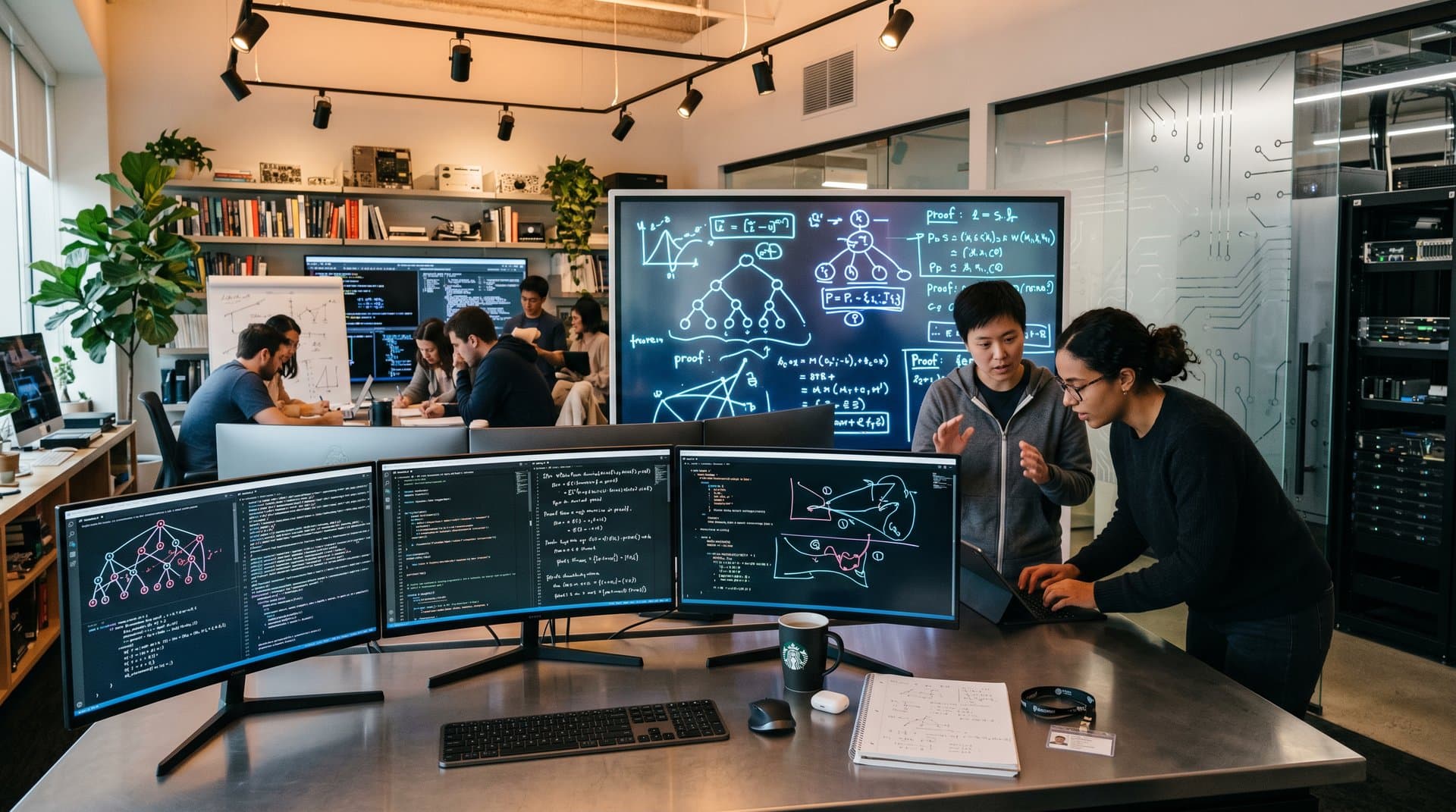 OpenAI lab scene with ChatGPT proofs on screens, math whiteboard, and GPU servers symbolizing AI math breakthroughs