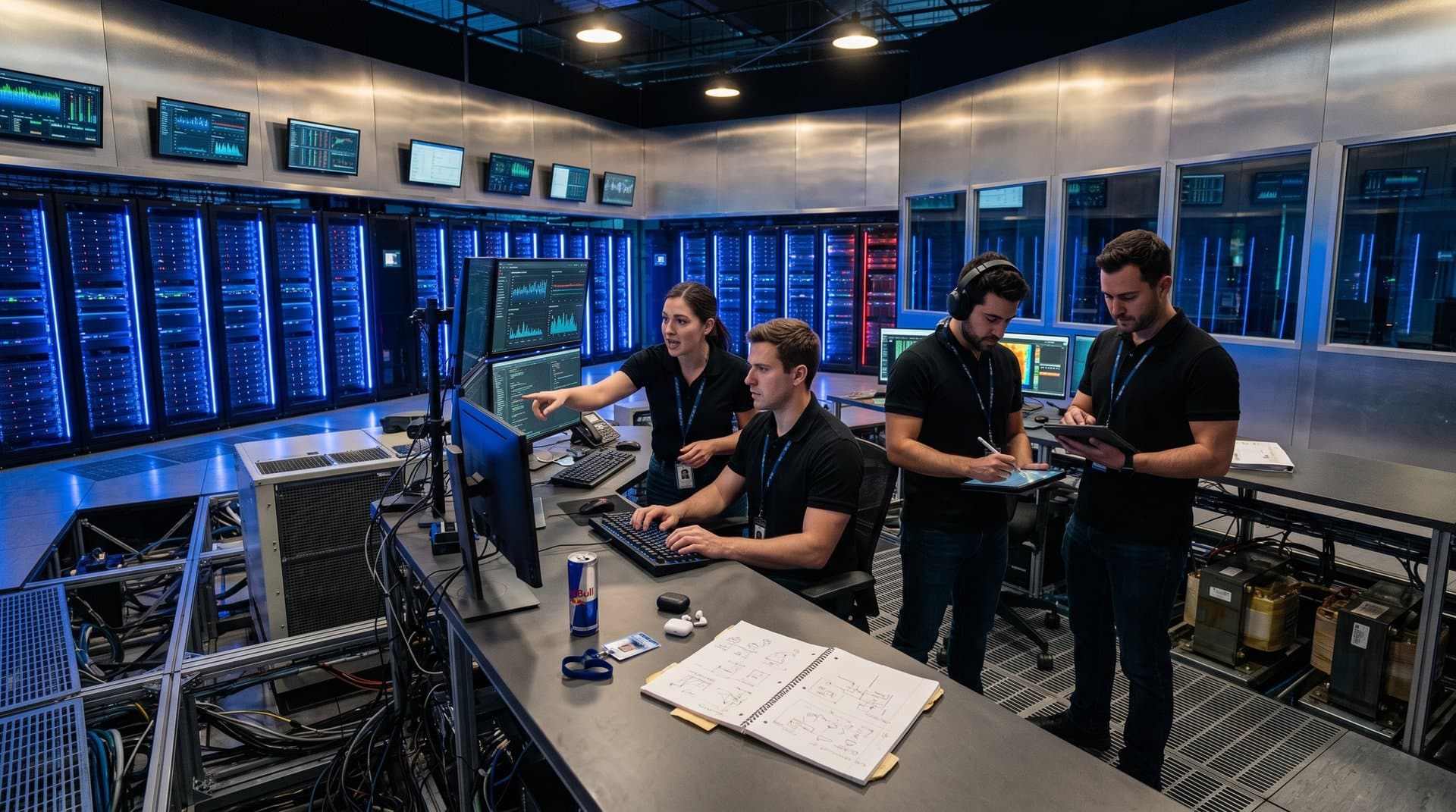 Glowing server racks and power metrics on multi-screen consoles in a modern data center with raised floors and LED lighting