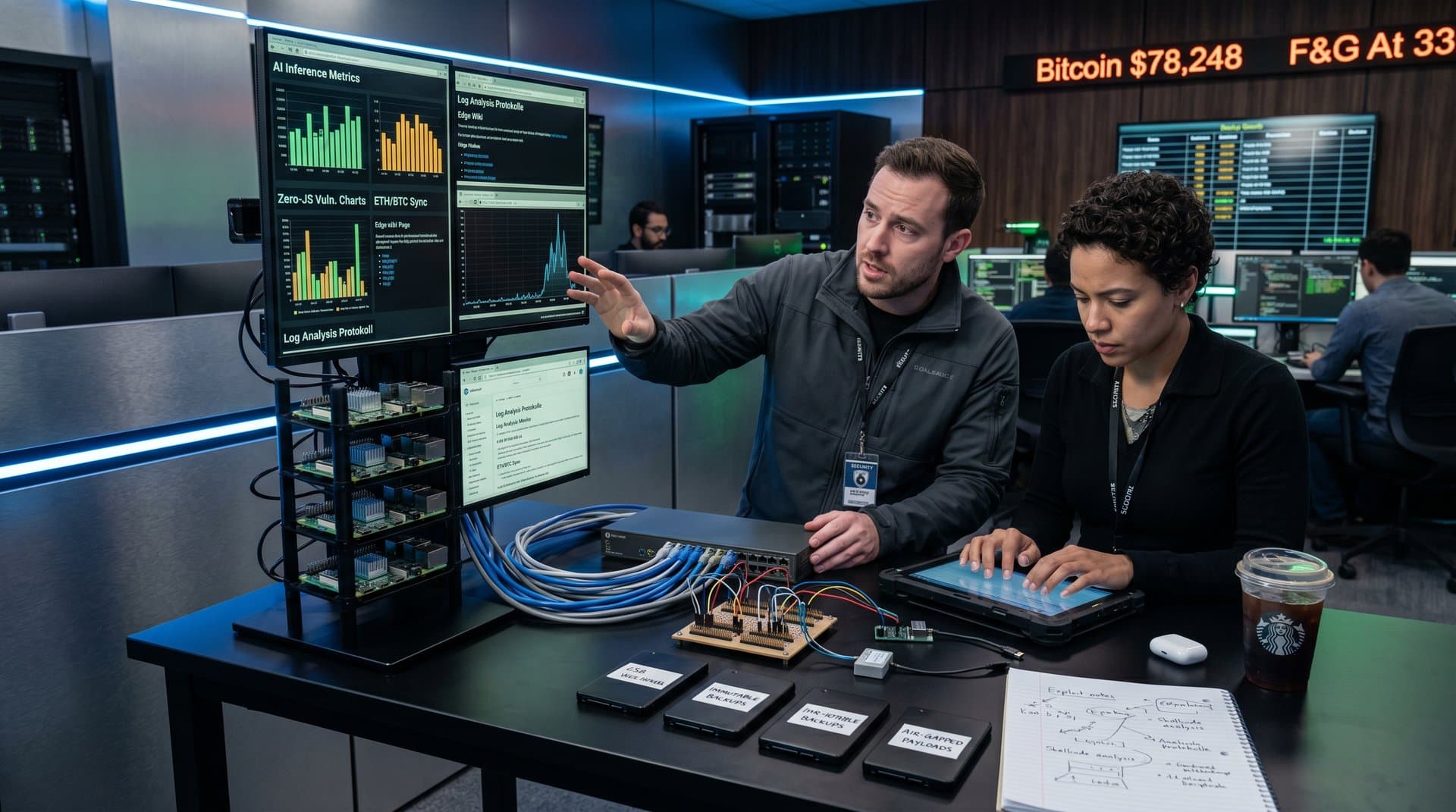 Raspberry Pi cluster displaying Dillo 3.3.0 browser with cybersecurity dashboards and code in neon-lit lab