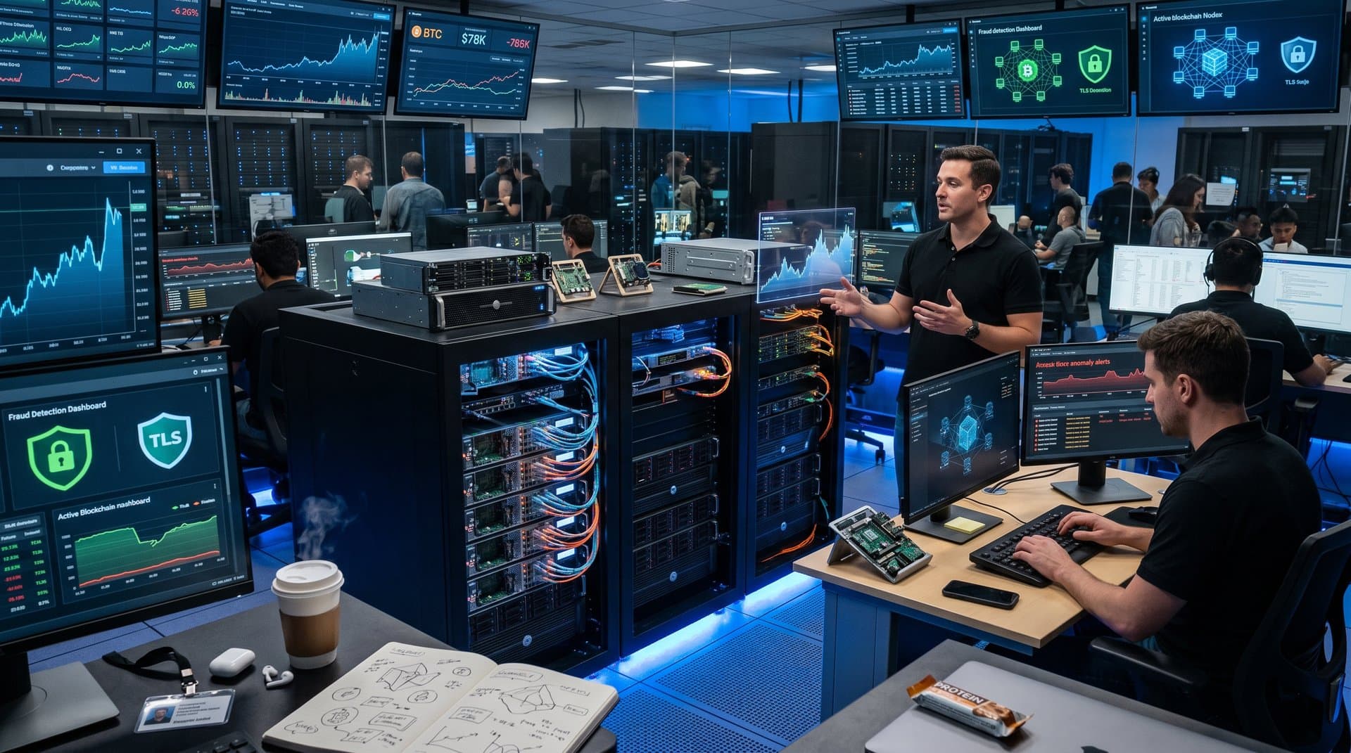 Edge server racks in fintech data center displaying Dillo browser and crypto charts with security elements