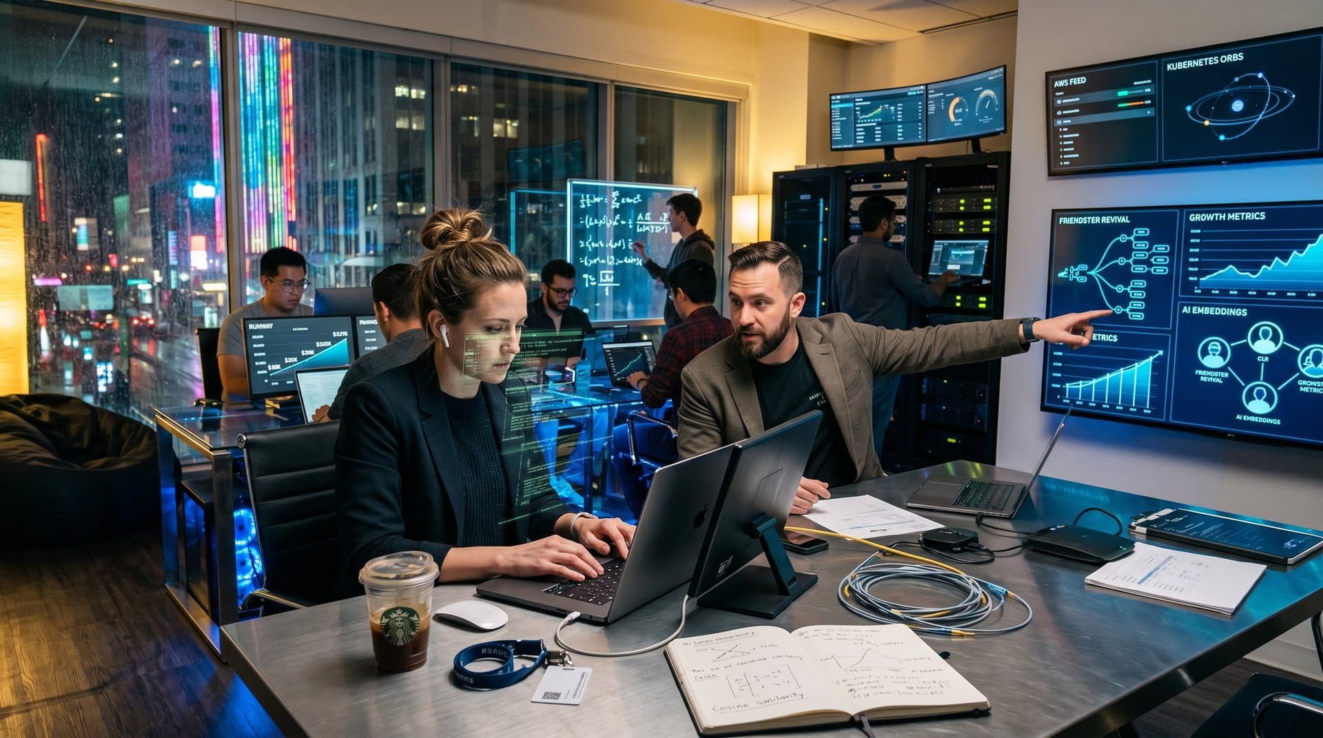 Retro Friendster UI fused with AI founder matching visuals, avatars connecting amid server infrastructure