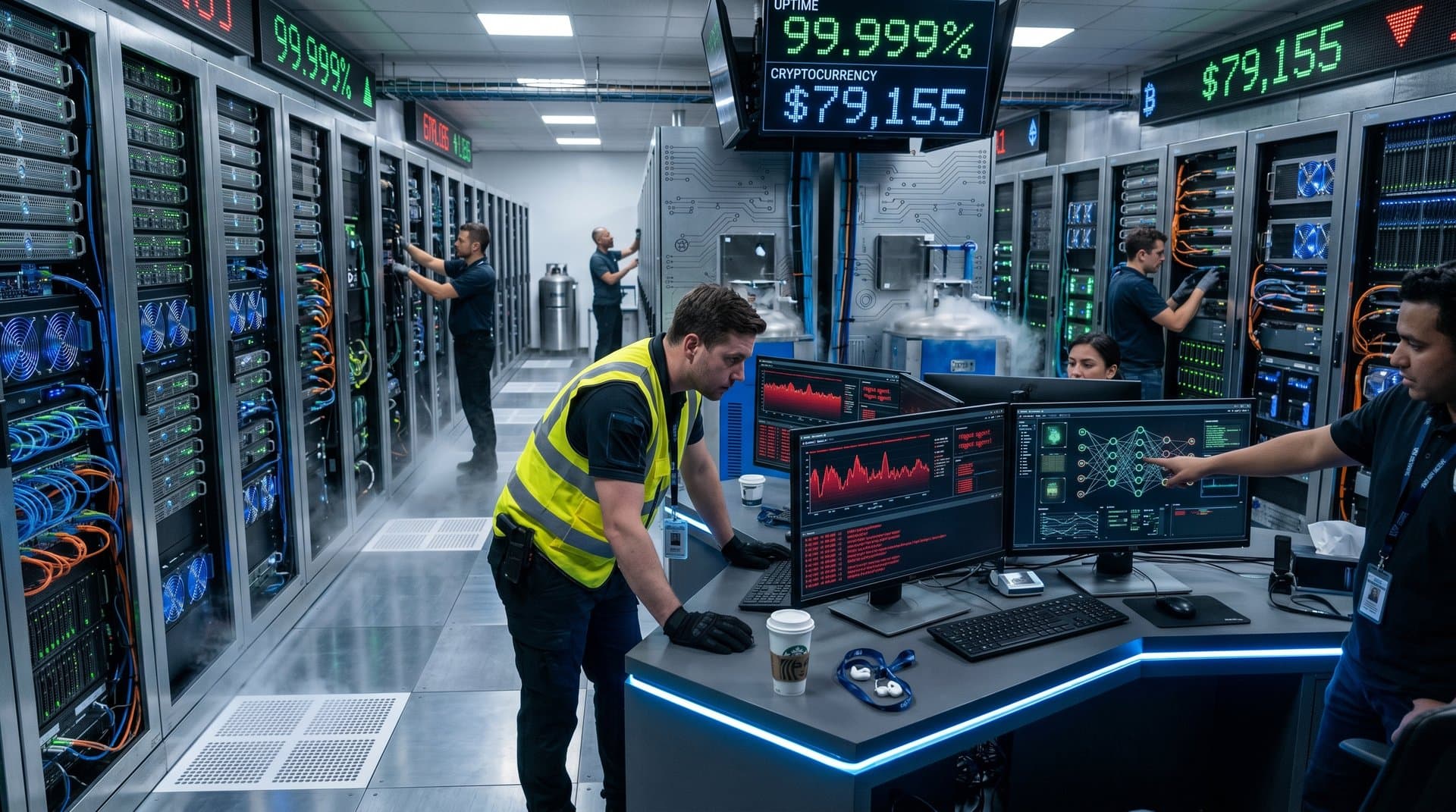 Cybersecurity analysts monitor rogue AI alerts in high-security data center server room