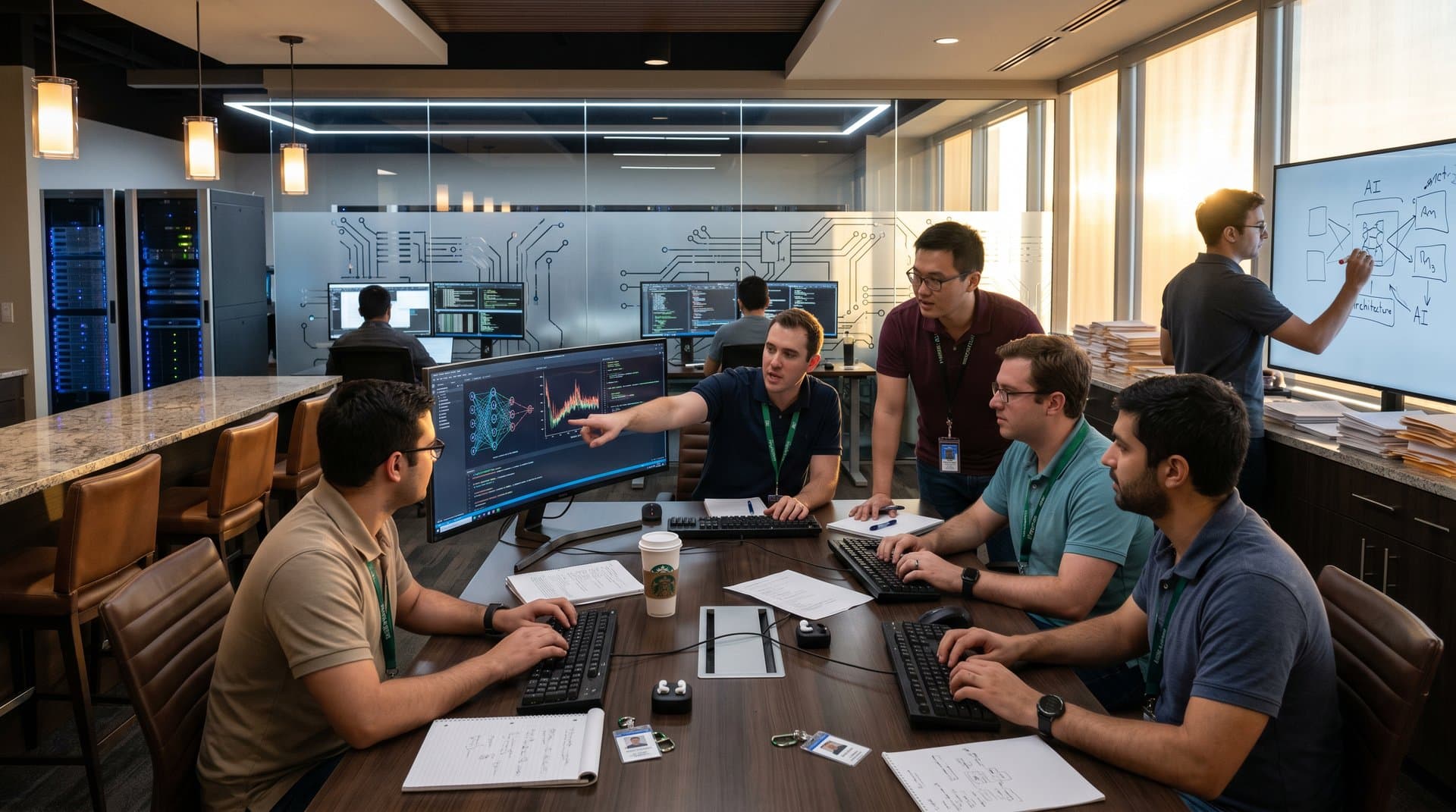 Modern AI lab with monitors displaying neural networks, server racks, and collaborative workspaces