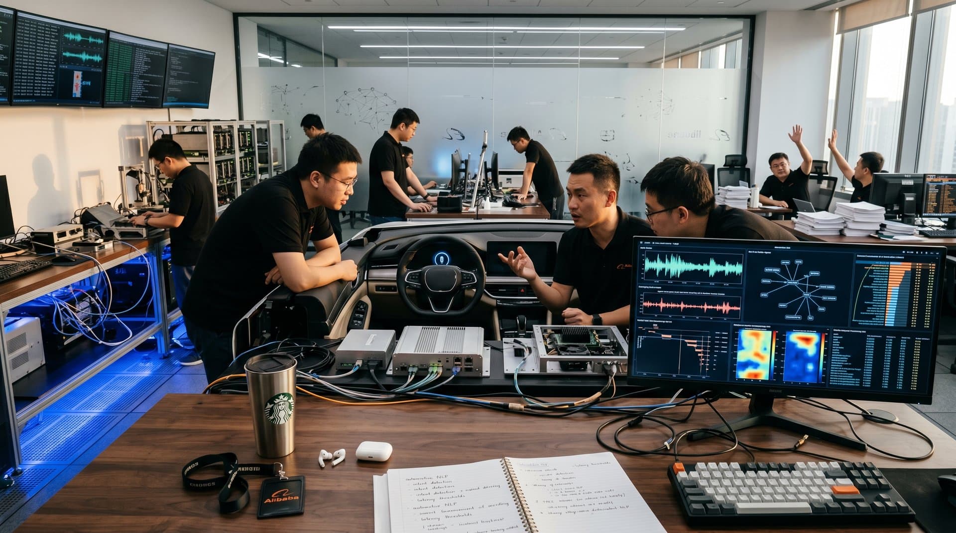 High-tech lab with EV cockpit mockup testing Alibaba Voice AI: monitors show waveforms, graphs, benchmarks amid prototypes and servers