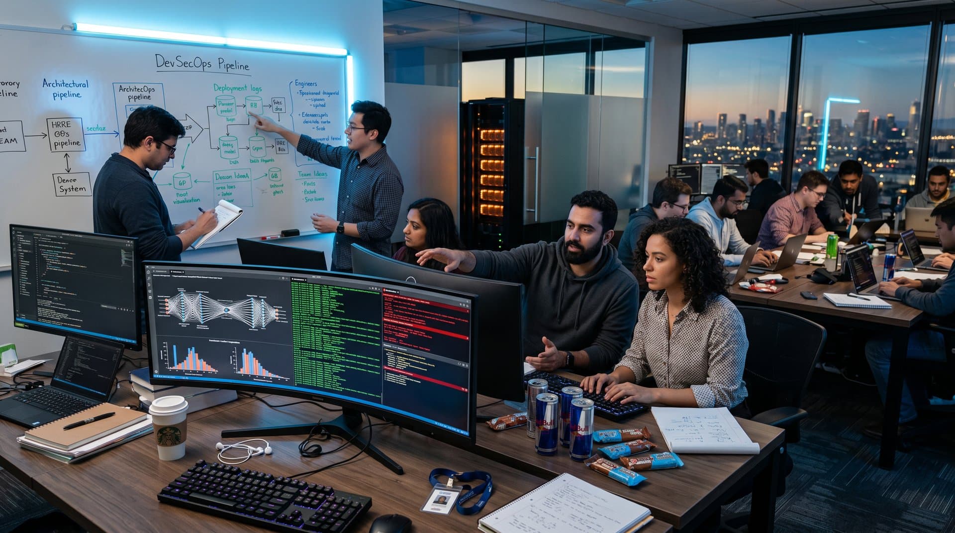 Engineers in high-tech AI lab reviewing model architectures and vulnerability scans on multiple monitors under LED lighting