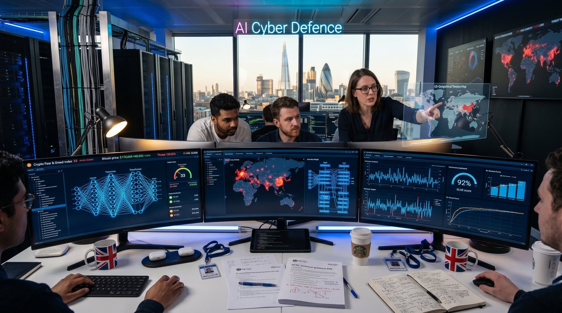 Neural networks, cybersecurity heatmaps, and crypto charts on monitors in modern UK AI lab under blue lighting