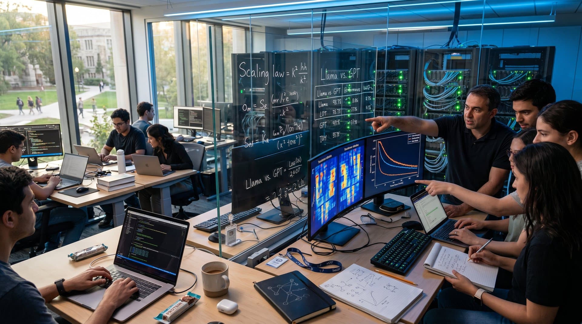 Abstract AI lab with heatmaps, benchmarks, and server racks evoking research intensity