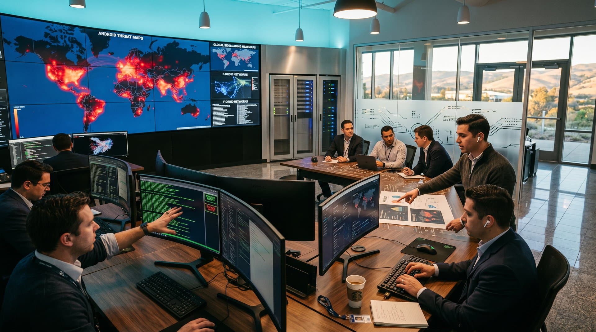 High-tech cybersecurity center with video walls showing Android sideloading threats, monitors displaying logs amid server racks and tech desks.