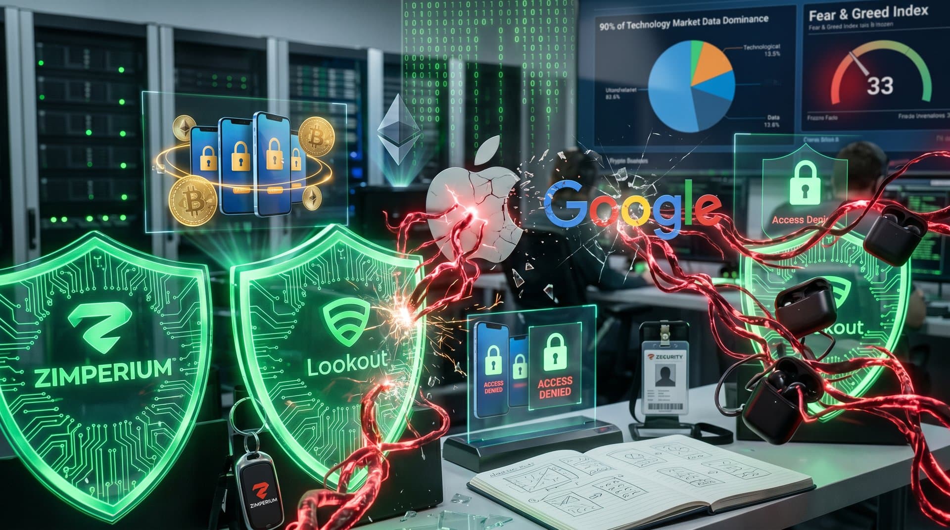 Digital shields block AI remote phone control tendrils protecting crypto wallets amid Fear & Greed 33 gauge