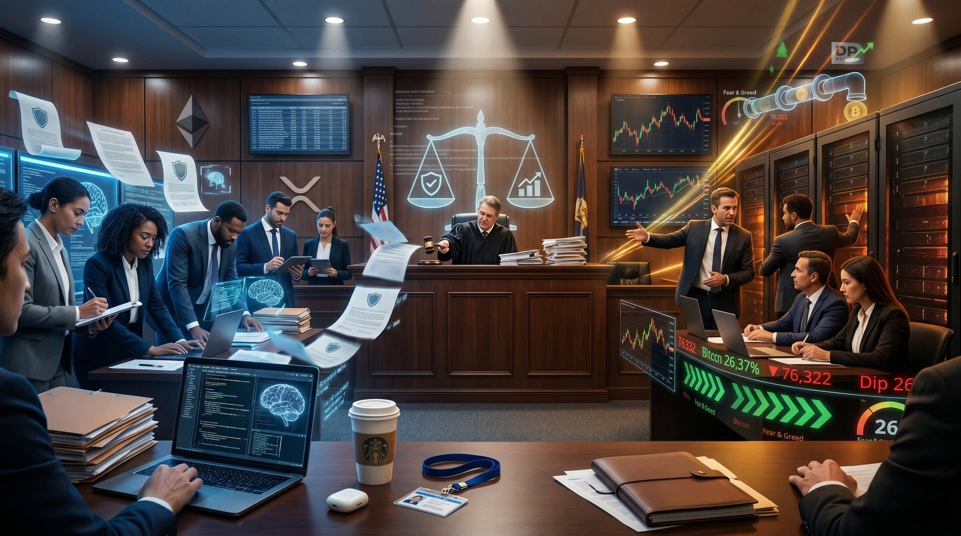 Split courtroom visualizing nonprofit vs profit AI governance with charts, documents, and neural networks on screens