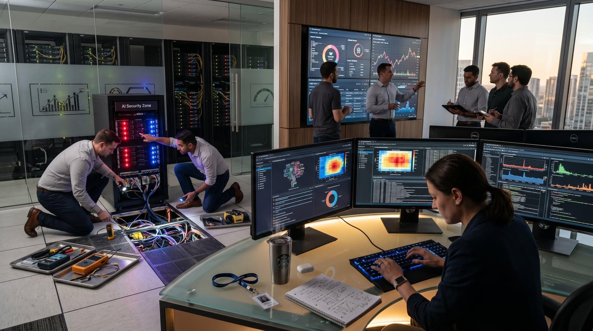 Cybersecurity team monitoring AI legal tools in high-tech operations center with server racks and vulnerability dashboards
