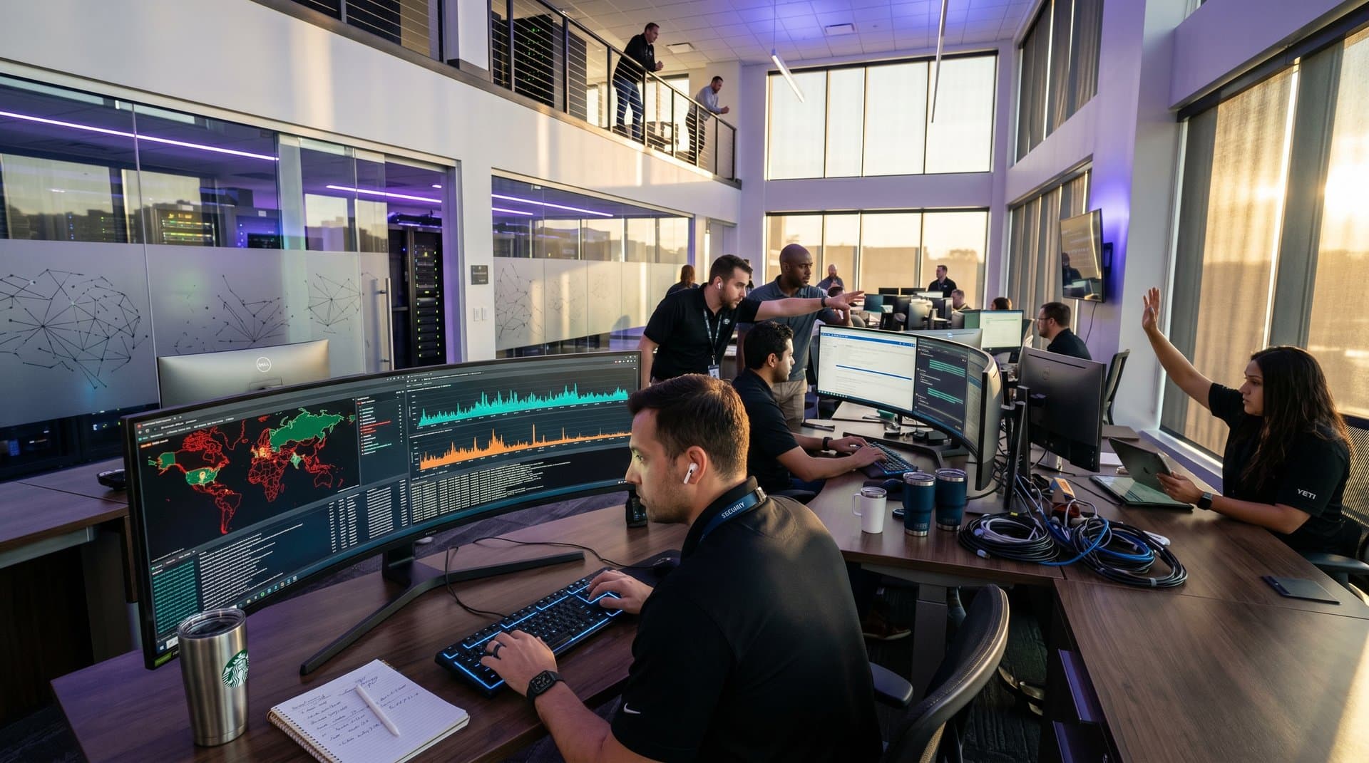 Cybersecurity SOC team analyzes threat maps, ML models, and network graphs in modern ops center