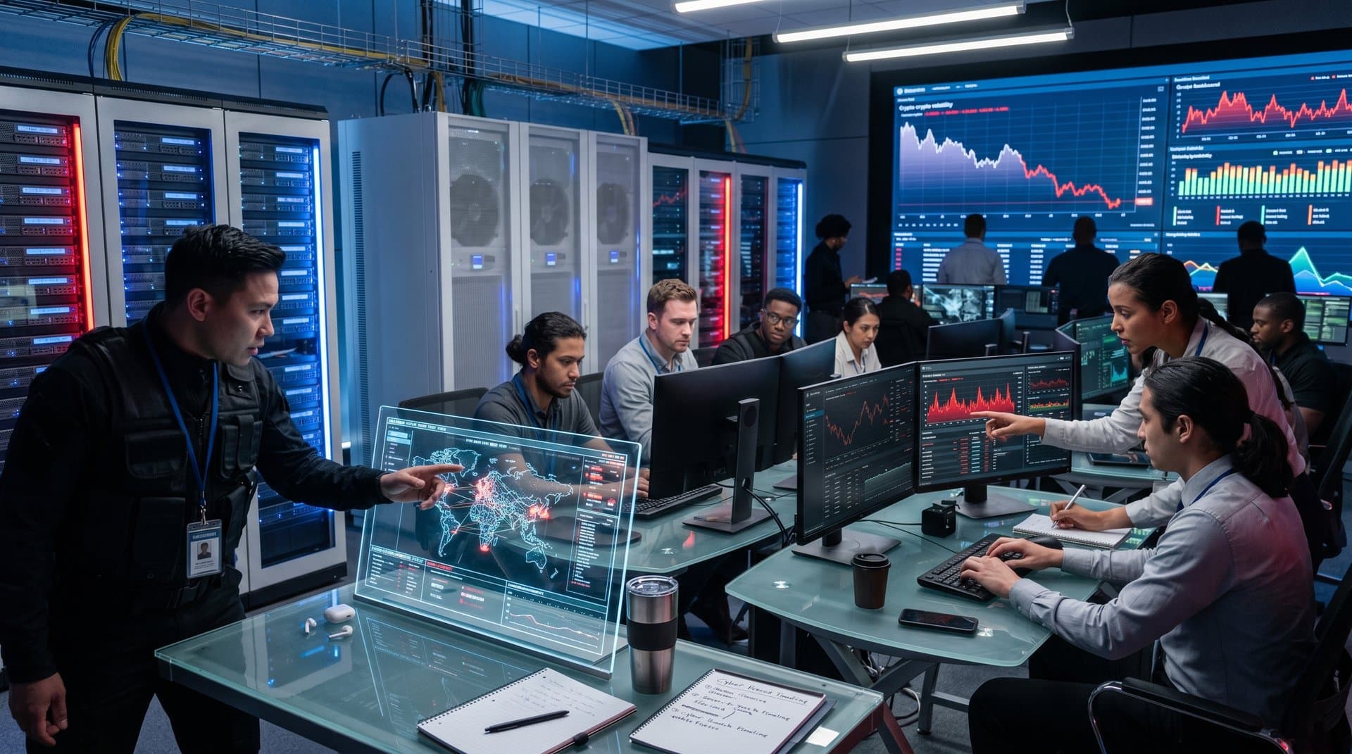 Cybersecurity team monitors AI threats and crypto market alerts in high-tech operations center