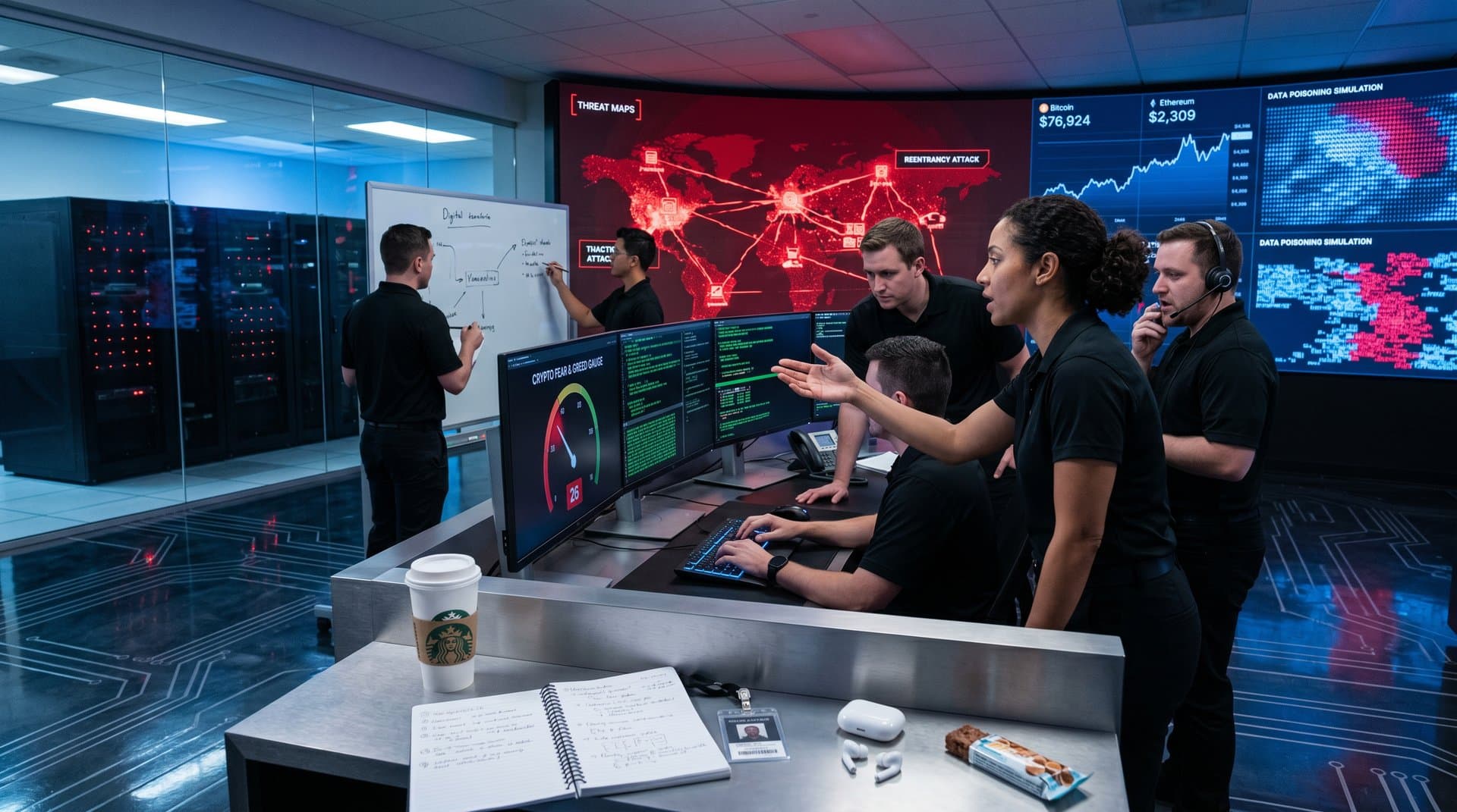 Cyber command center displays Mythos hack alerts, blockchain threats, and market fear index on glowing screens amid server racks