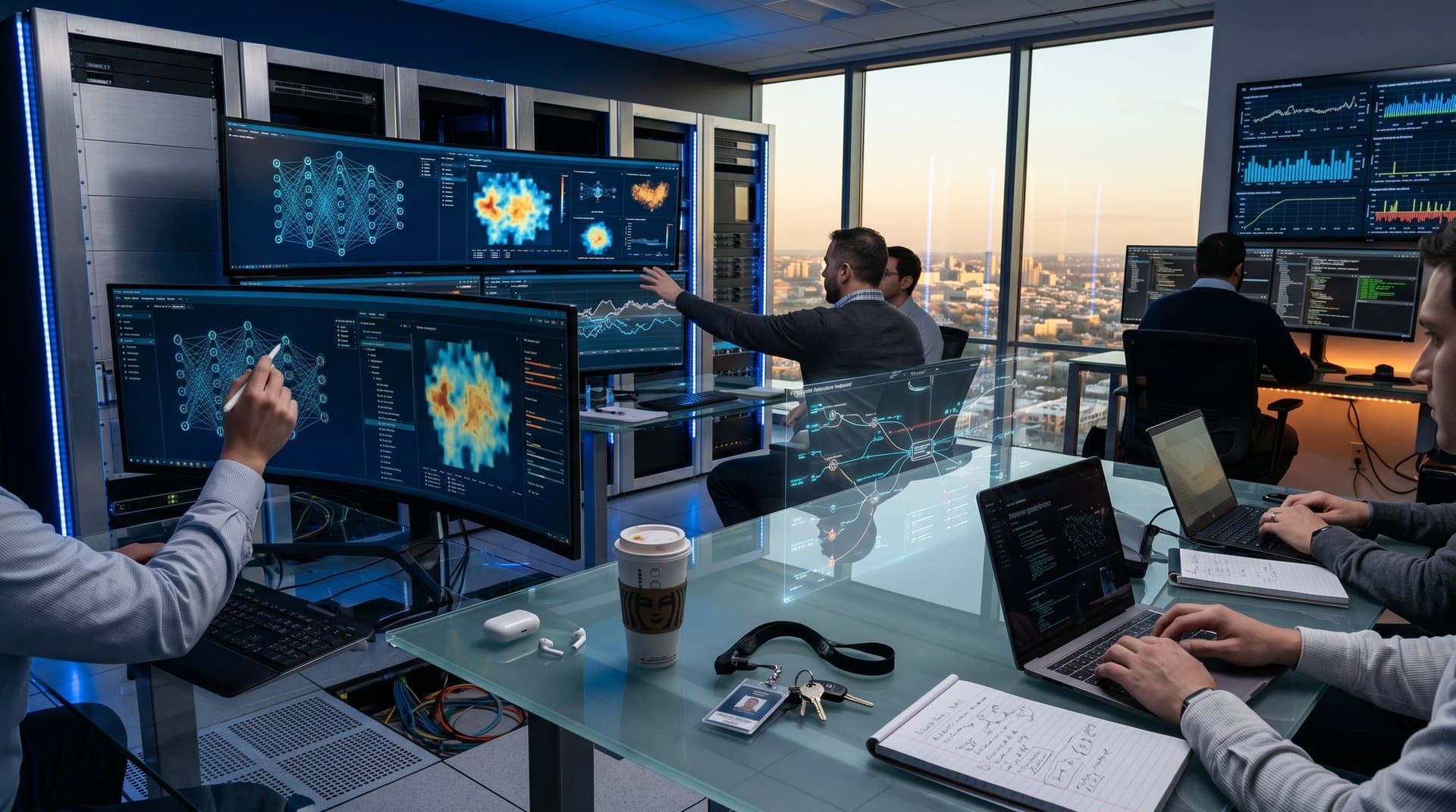 AI cybersecurity operations center with neural network graphs, threat heatmaps, and holographic dashboards amid server racks