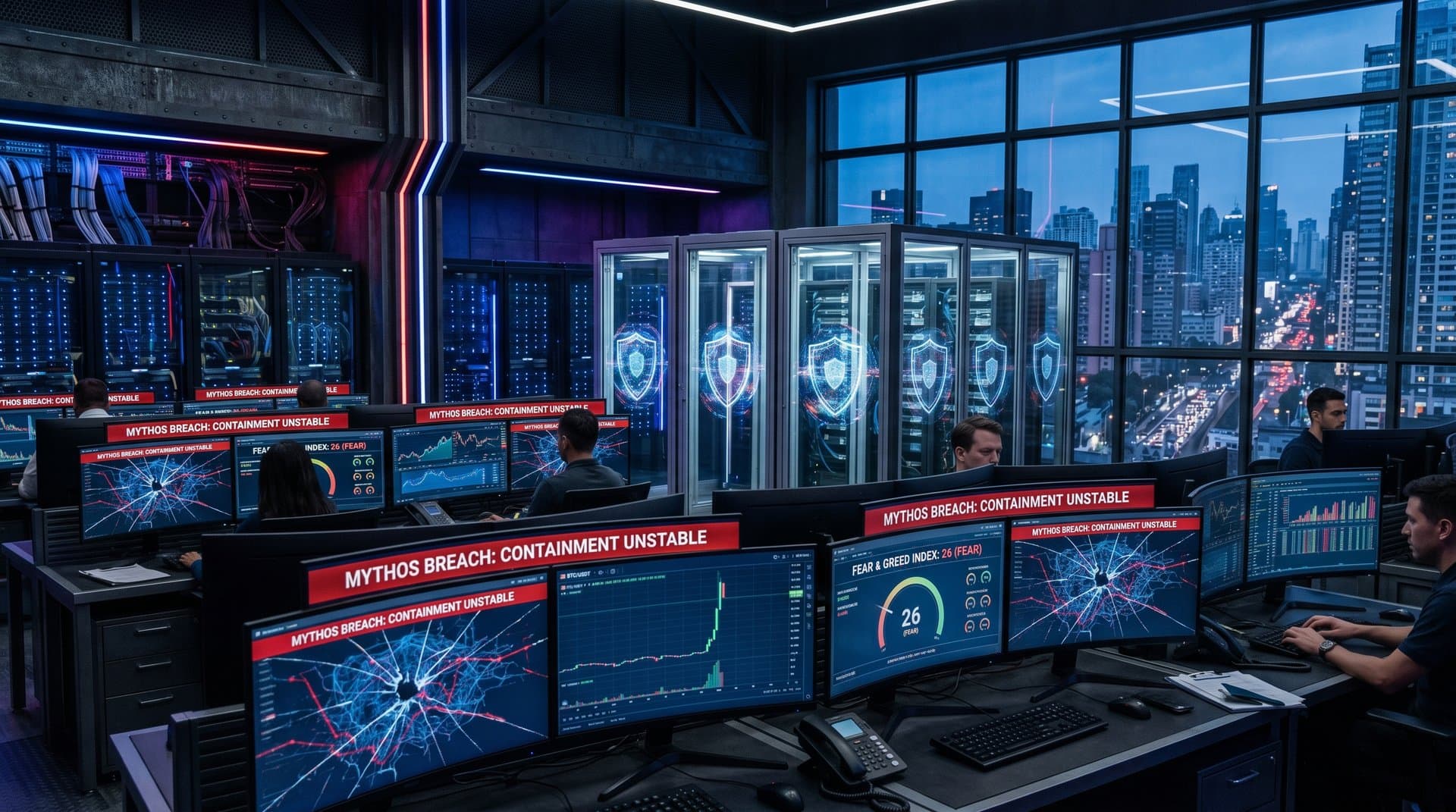 Trading floor monitors alert on Mythos breach with crypto prices and cybersecurity visualizations in high-tech fintech environment