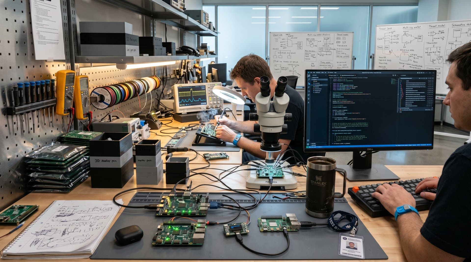 Makers prototype FPGA-based secure hardware modules and HSMs on cluttered workbench amid open-source code and diagnostic tools in hacker lab