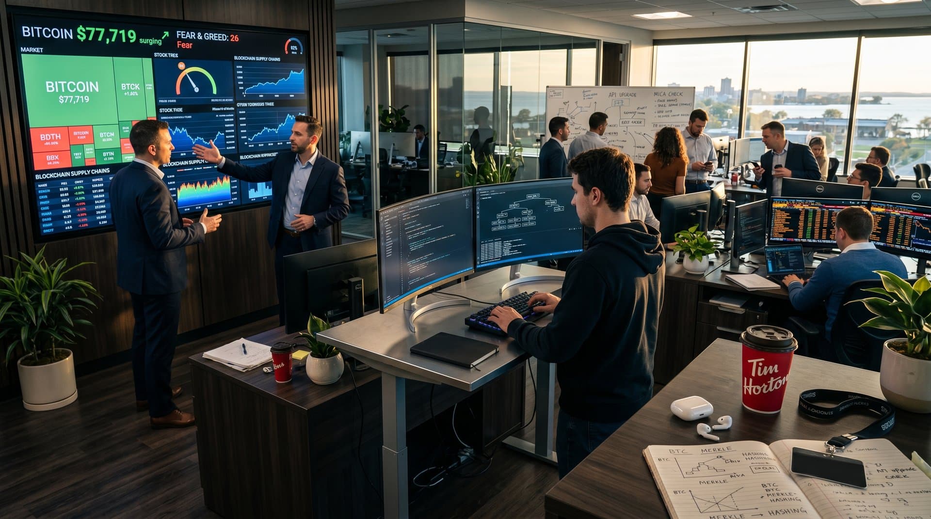 Developers and executives review fintech pivot strategies on monitors in a modern Rochester incubator office with Bloomberg terminals