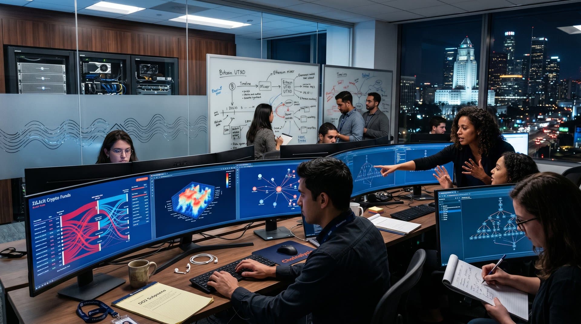 Blockchain forensics analysts study transaction graphs and fund flows in a high-tech lab with multi-monitor displays and server racks