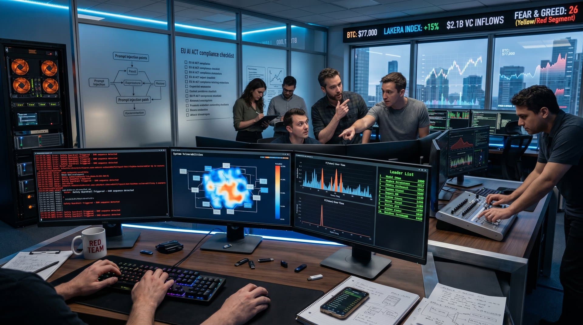 Monitors displaying AI jailbreak prompts, LLM security visualizations, and leaderboards in a futuristic cybersecurity lab with server racks and dynamic lighting