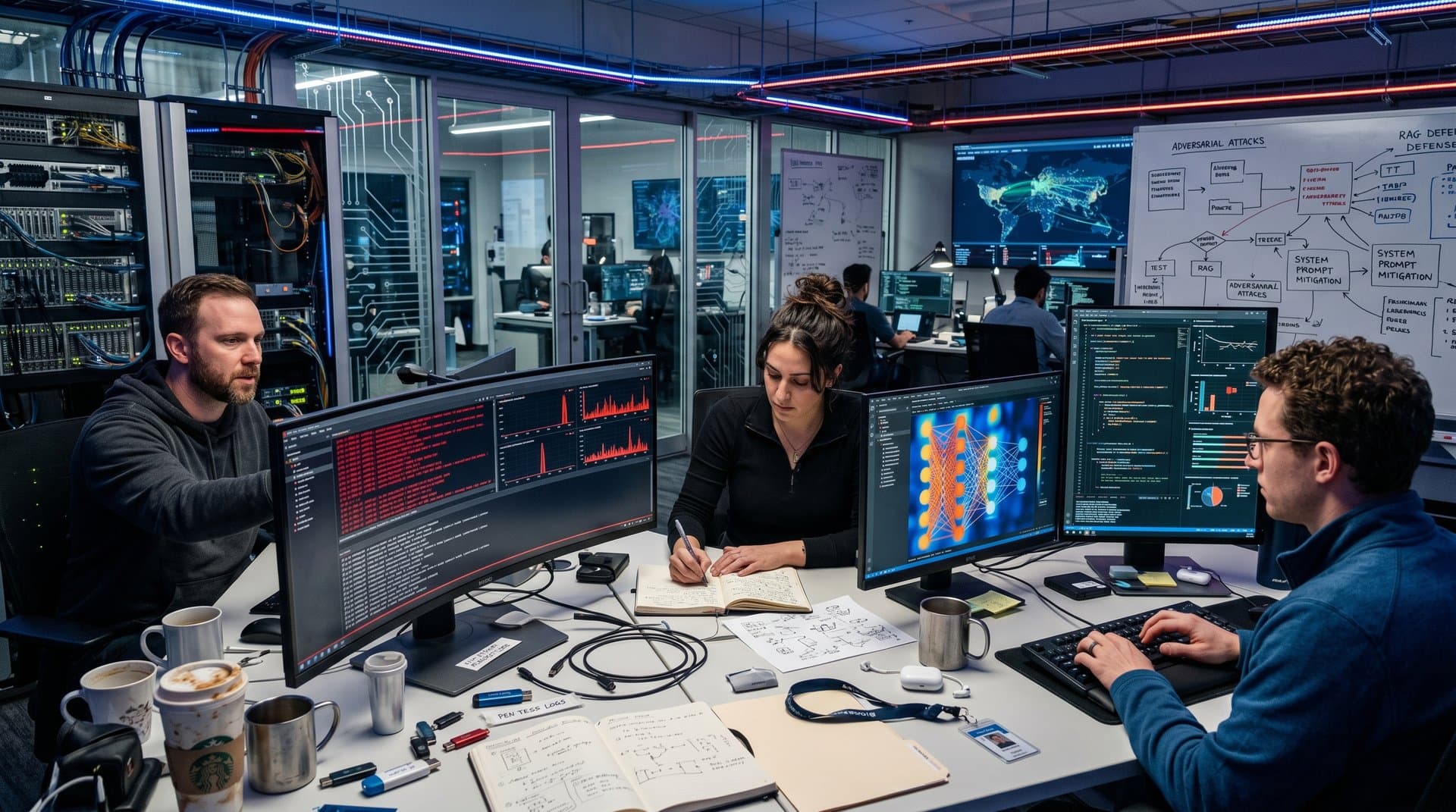 High-tech AI lab monitors display jailbreak prompts and vulnerability alerts amid server racks and technical diagrams