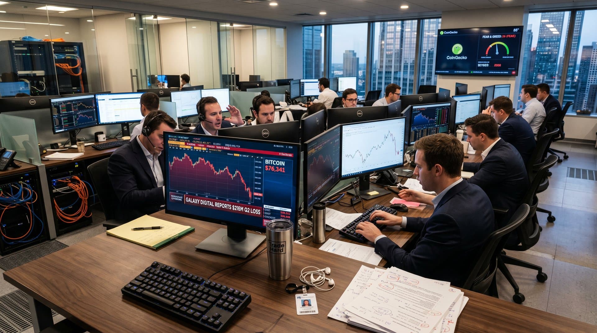 Trading desks with multi-screen setups showing Bitcoin price at $76,341, Galaxy Digital loss headlines, and Fear & Greed Index at 26 in modern fintech office