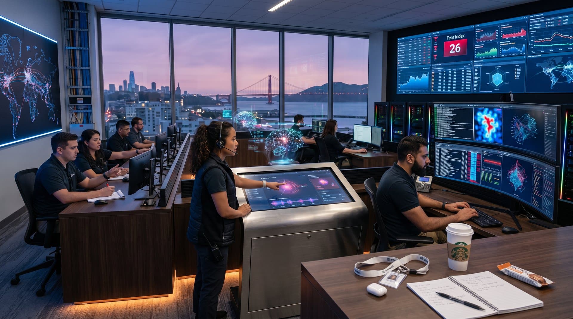 OpenAI cybersecurity team monitors AI threats on multi-monitor setups in high-tech operations center overlooking Bay Area