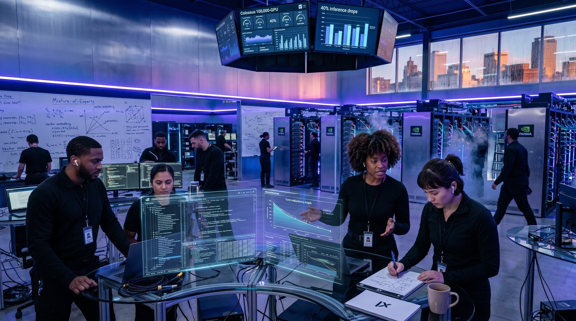 Futuristic xAI supercluster with holographic Grok models, GPU racks, AGI benchmarks in Memphis facility