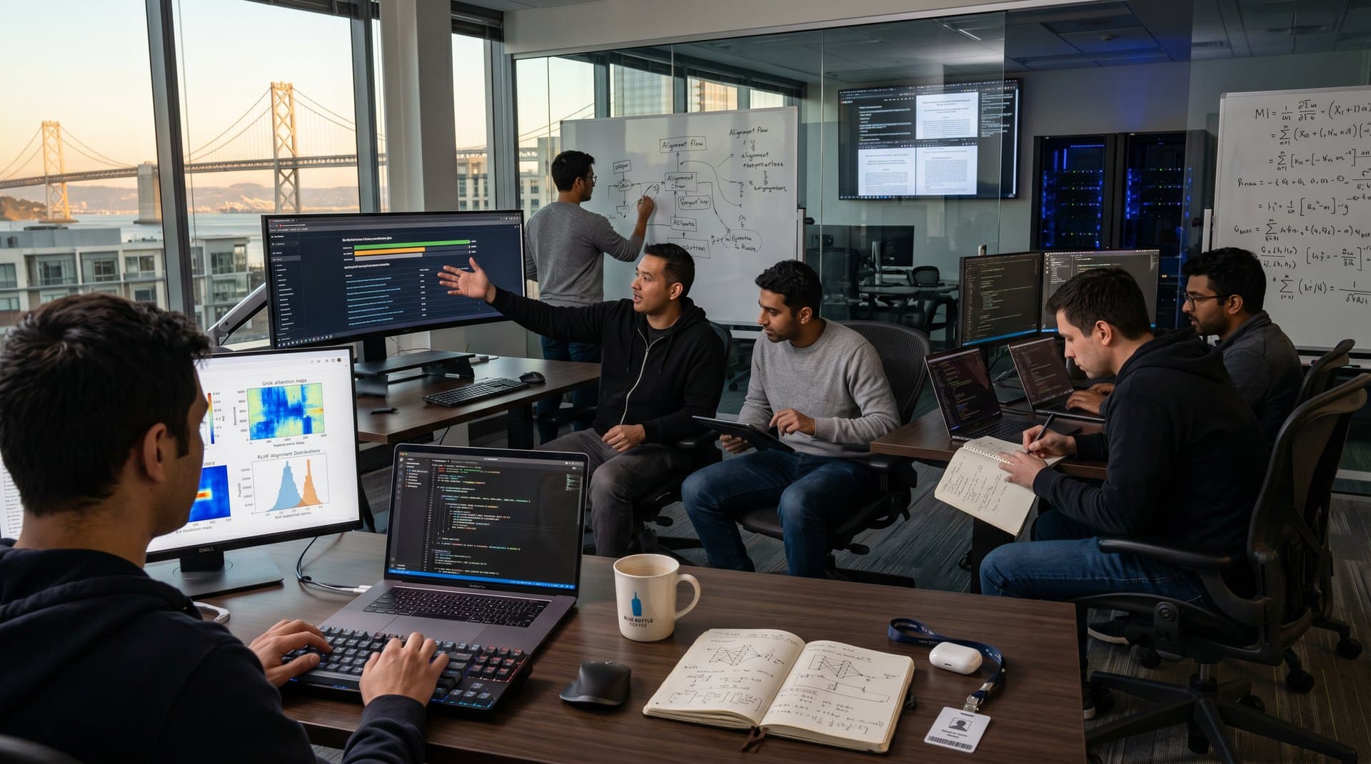 AI engineers collaborate on safe AGI models in modern San Francisco startup office with code screens, notebooks, and server racks