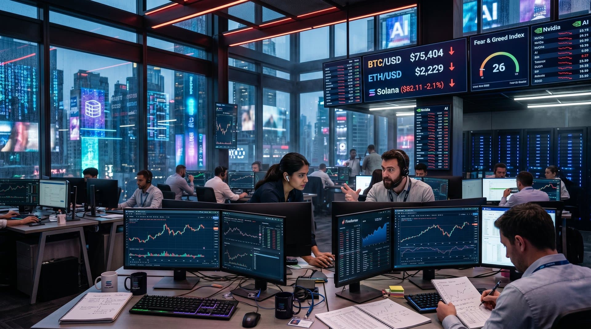 Traders monitor Solana charts at $82.11 and declining AI hyperscaler stocks on high-tech trading floor amid volatility