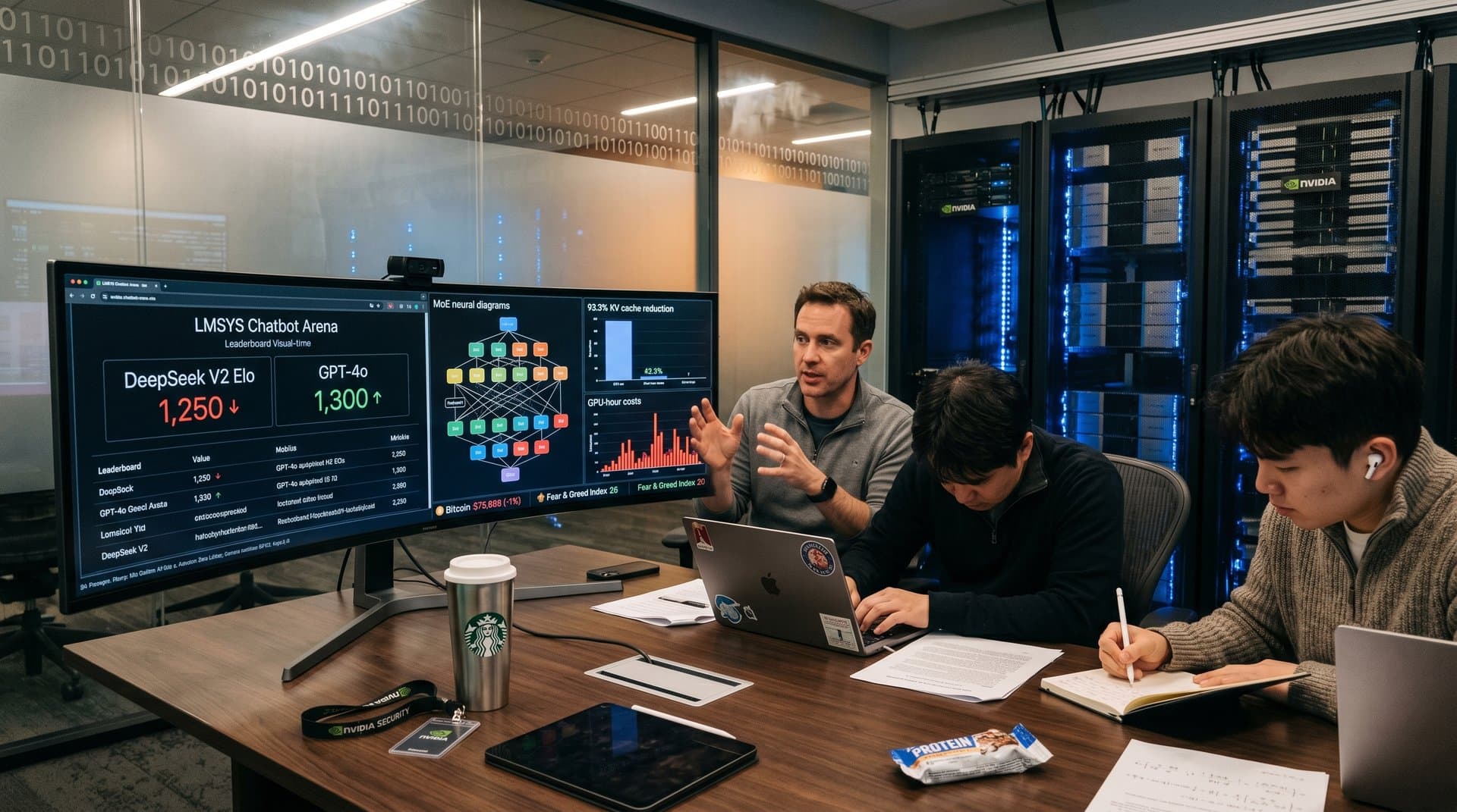 AI lab screens show DeepSeek V2 flop on LMSYS leaderboard, MoE diagrams, crypto price drops in cyberpunk style