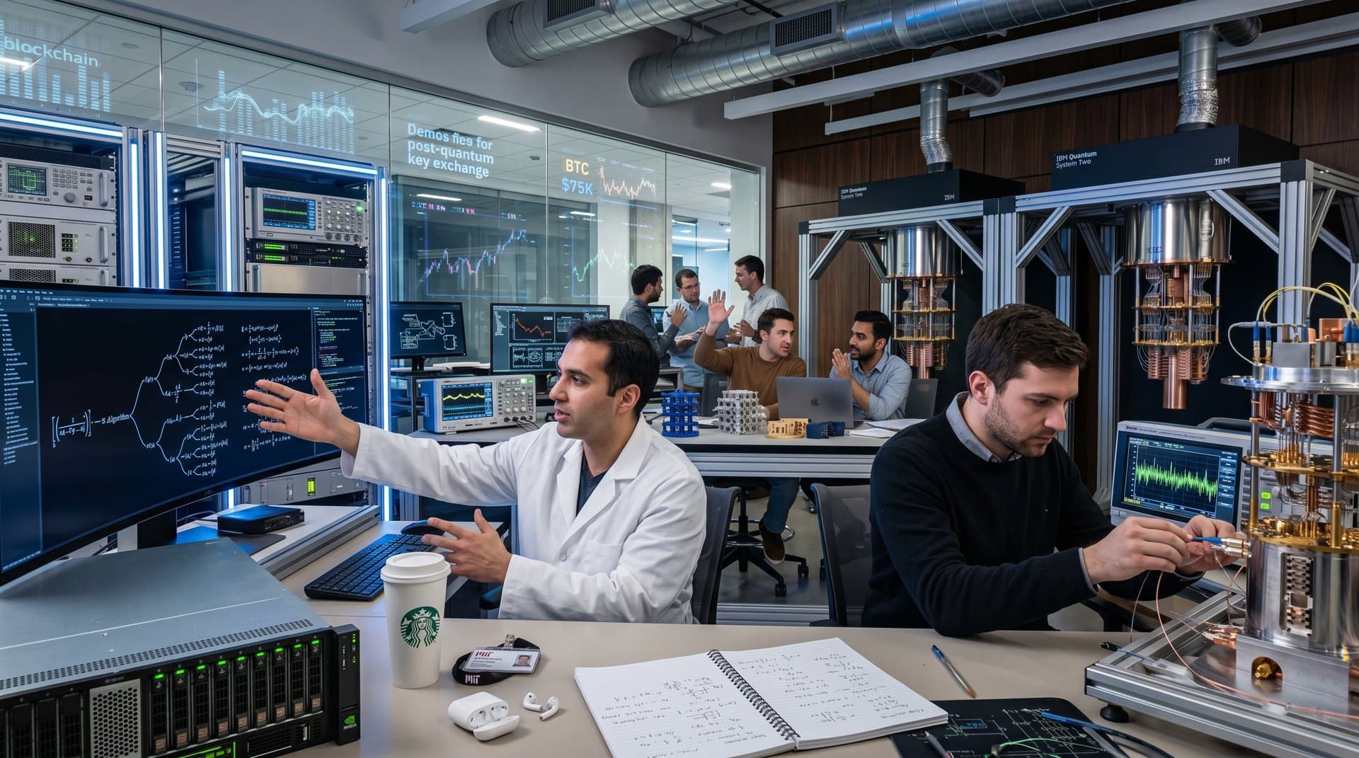 High-tech lab with servers, monitors showing qubit simulations and encryption graphs, IBM Quantum cryostats, holographic blockchain projections under LED lights
