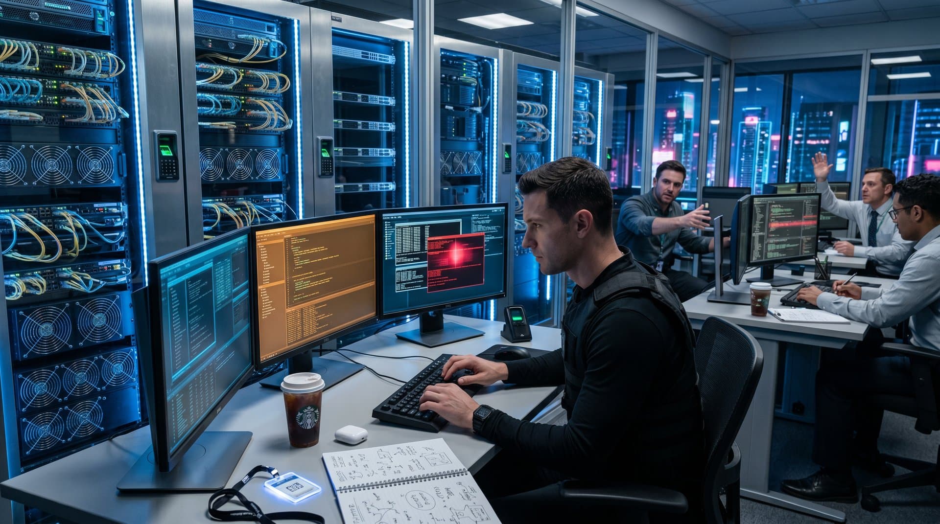 AI cybersecurity workstation in data center with threat maps and server racks